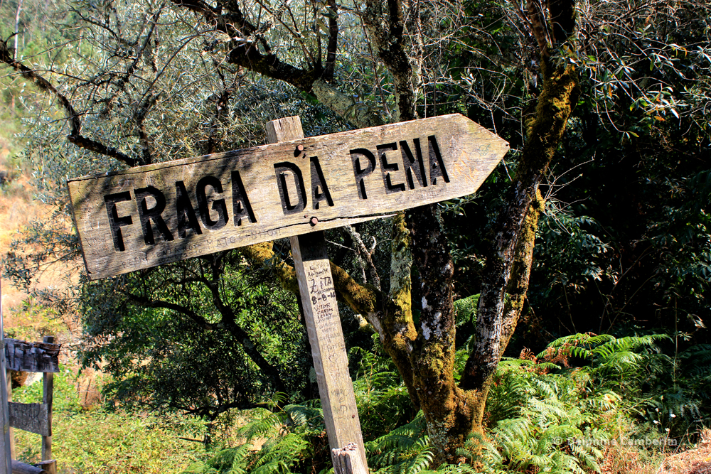 Fraga da Pena wooden sign Portugal